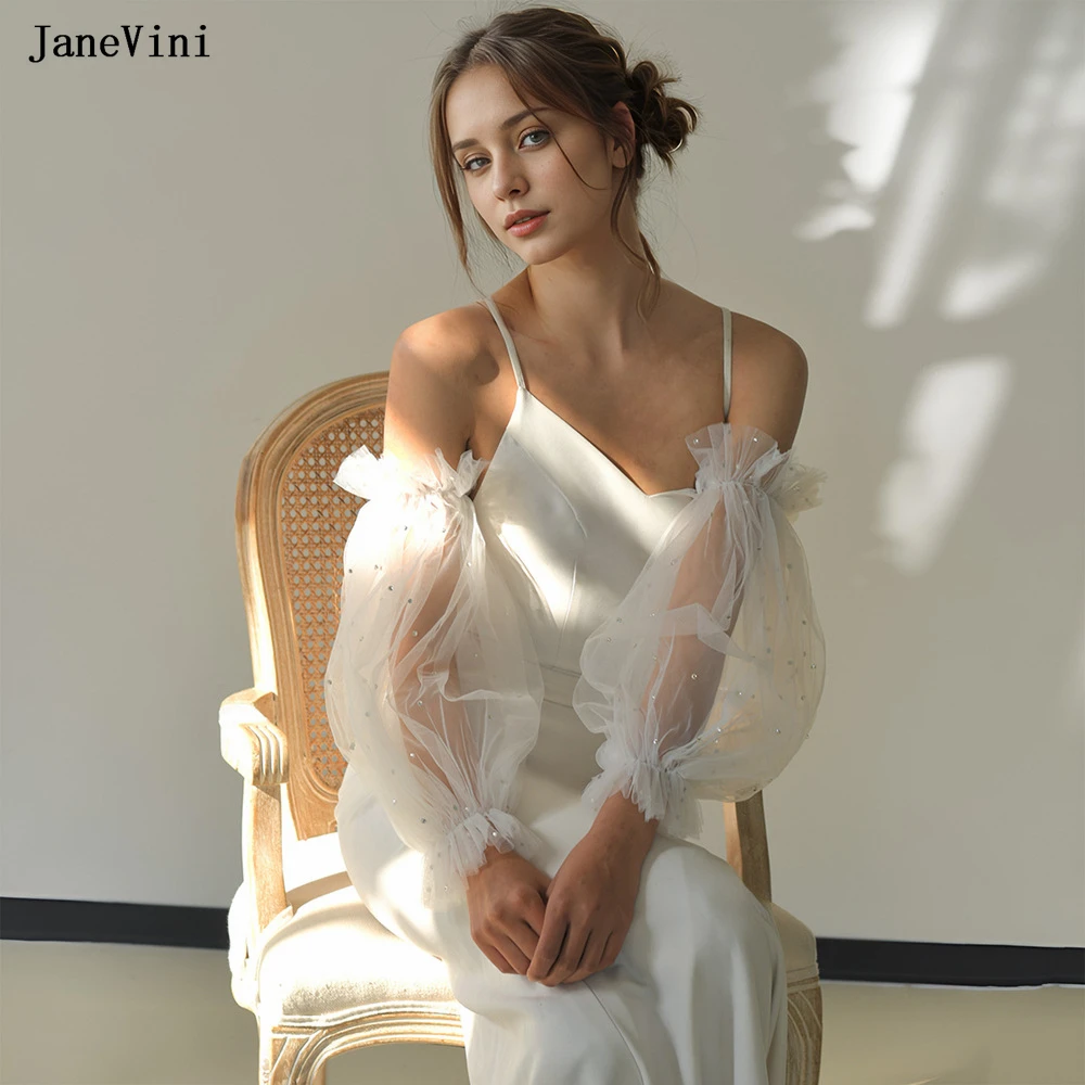 

JaneVini New Ivory/White Bridal Detachable Sleeves Bling Diamond Long Gloves Translucent Tulle Lantern Sleeves for Wedding Dress