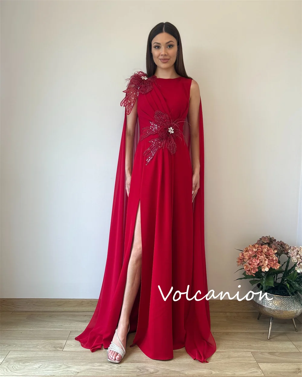Customized Exquisite Jersey Flower Sequined Pleat A-line Scoop Neck Long DressesBespoke Occasion Modern Style