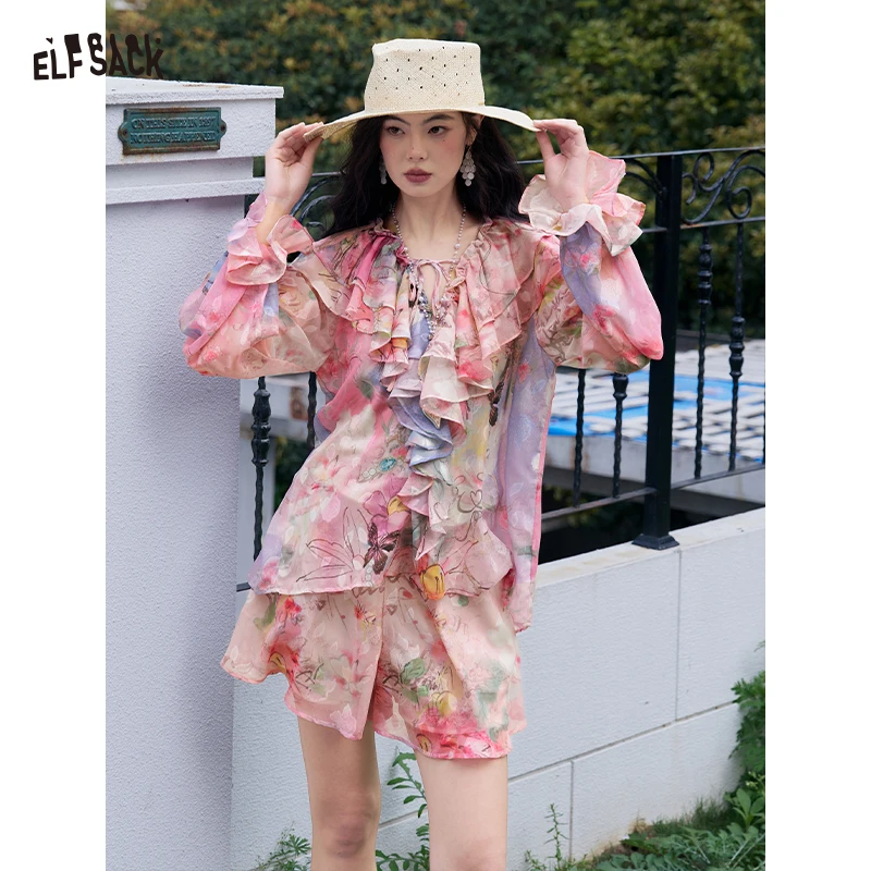 ELFSACK Chinese Style Floral Print Co-ord Set, Sheer Woven Chiffon Ruffle Top & A-Line Shorts, Oriental Aesthetic Set