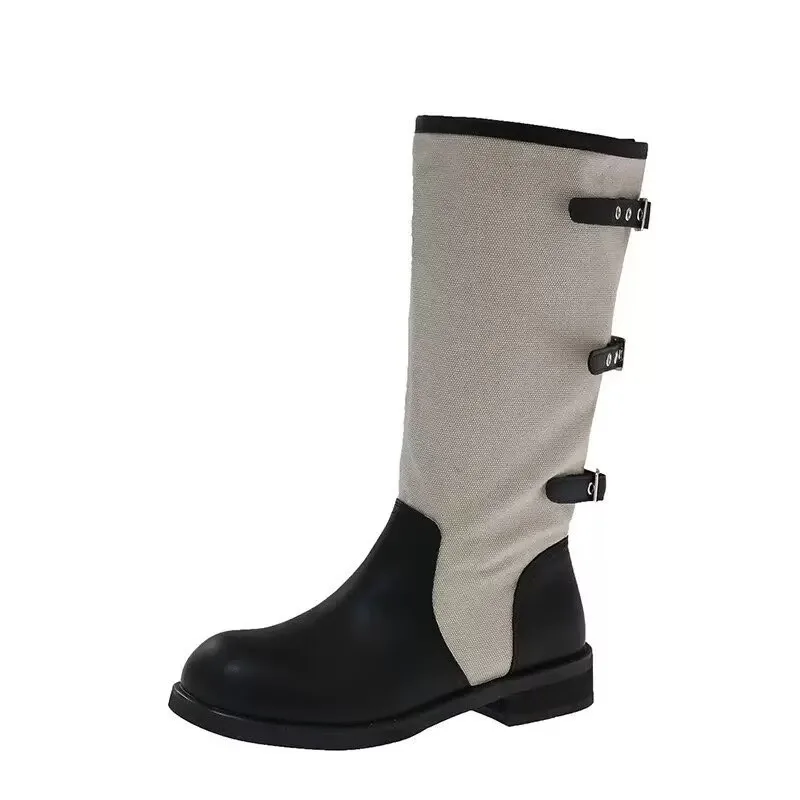 Vintage Spliced Block Heel Shoes Women's 2026 New Summer Platform Small Man Longtube Knight Boots view 3