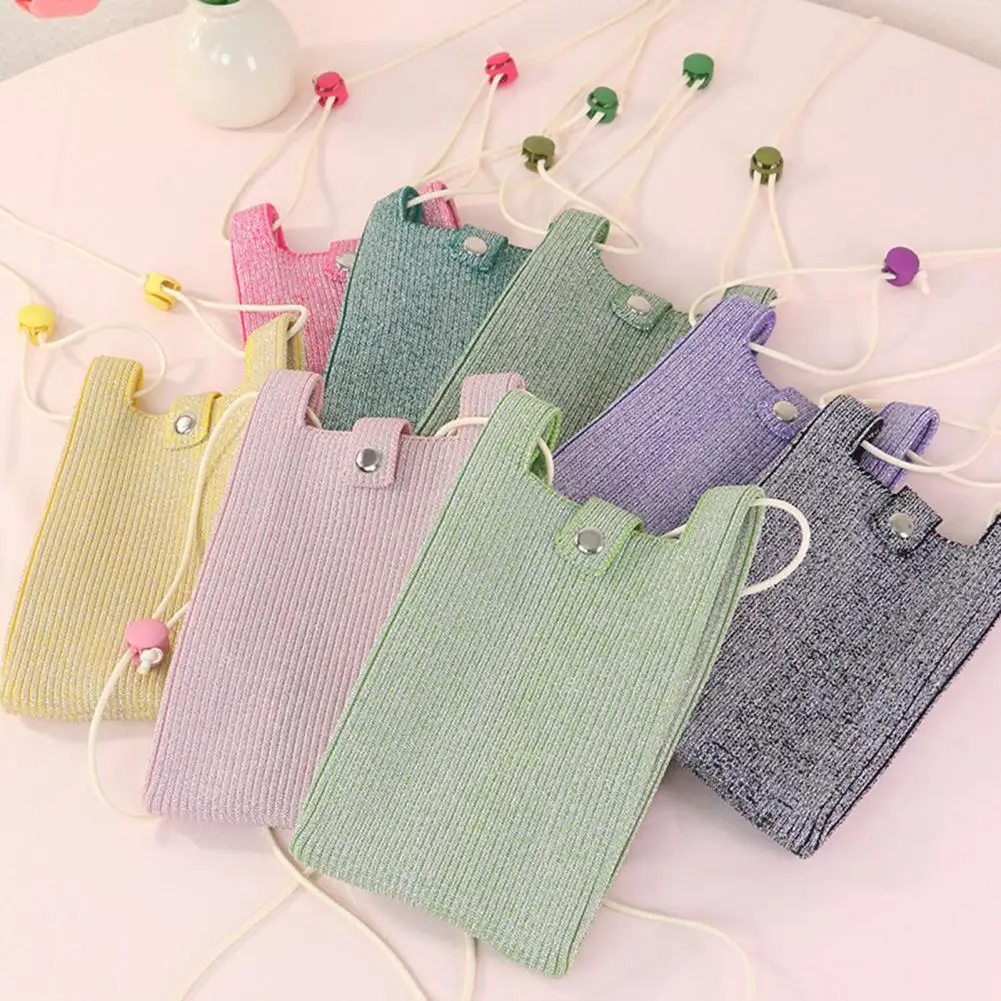 Knitted Mobile Phone Bag Solid Color Multi-functional Shoulder Purse Crossbody Sling Bag Adjustable Strap Trendy Yarn Crossbody