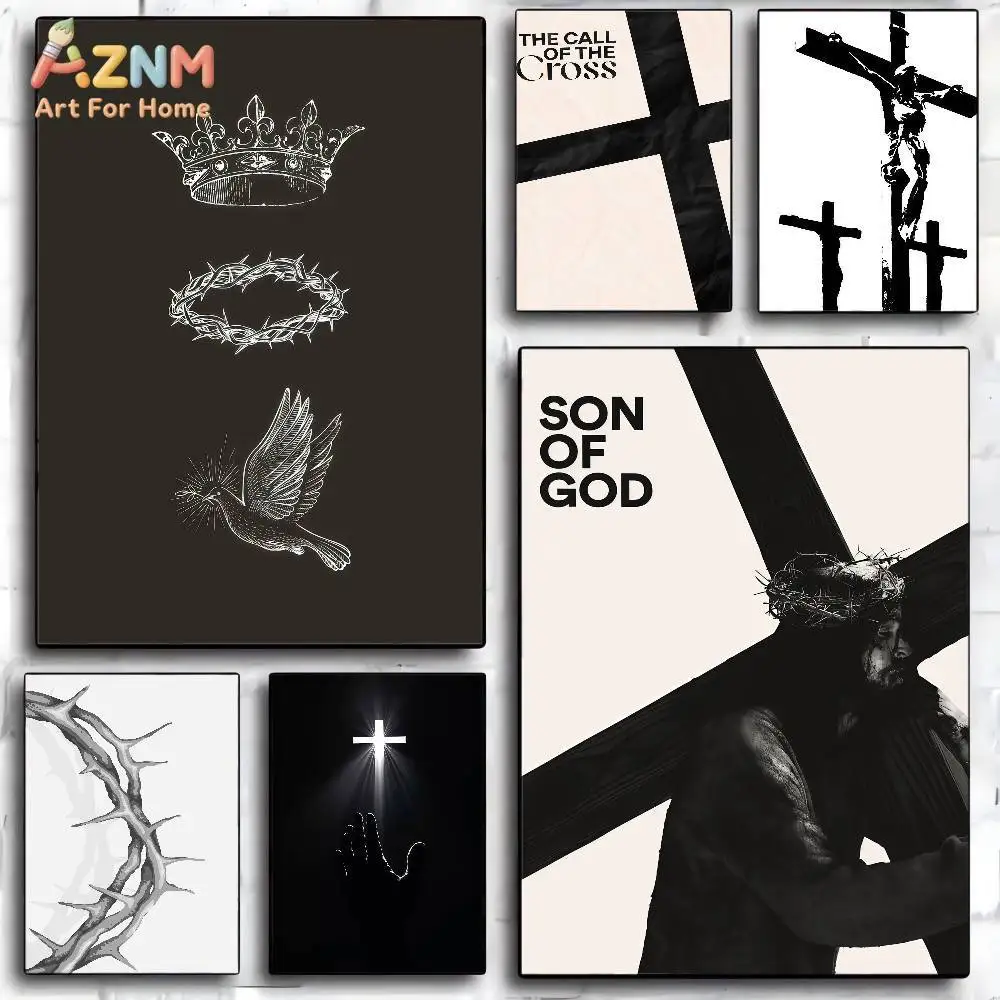 AZNM Minimalist Christian Cross Crown of Thorns Faith Pattern Frameless Canvas Poster Religious Prayer Room Wall Art Decor view 2