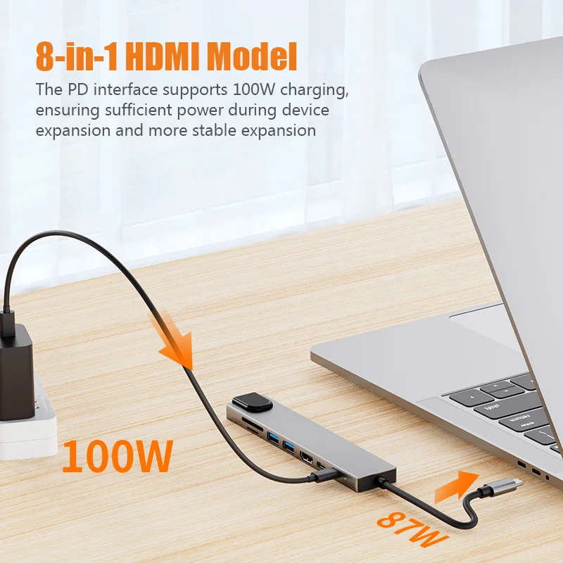 USB C Hub 8 In 1 Type C 3.1 To 4K HDMI Adapter with RJ45 SD/TF Card Reader PD Fast Charge For Laptop Computer