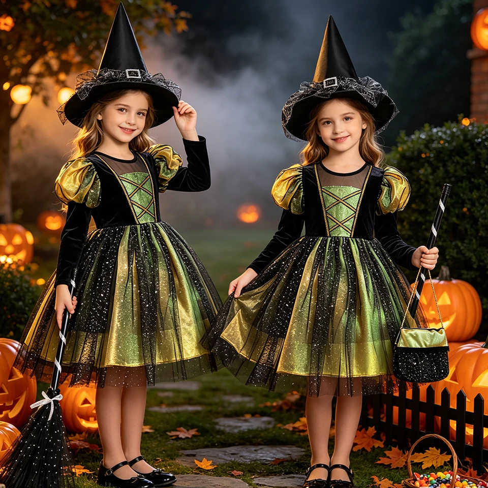 Fantasia Girl Puff Sleeve Sparkly Tulle Witch Dress Halloween Cosplay Masquerade Stage Performance Carnival Children's Costume
