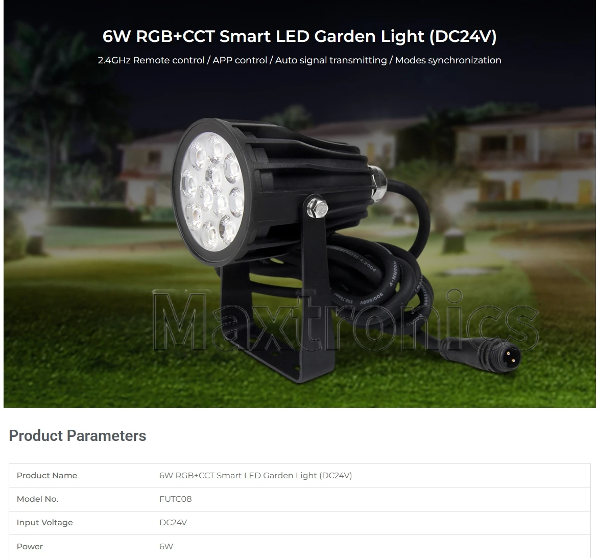 MiBoxer FUTC08 Smart Outdoor Waterproof Lamp RGB+CCT 6W DC24V IP66 2.4G Wireless Remote/APP/Wifi/Voice Control LED Garden Light