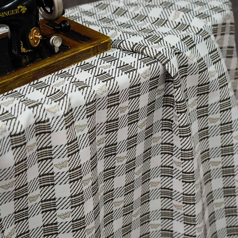 

L100cm X W138cm Gold Thread Jacquard Plaid Fabric Butterfly Lightweight Breathable Soft Women Dress Shirt Spring Summer Textile
