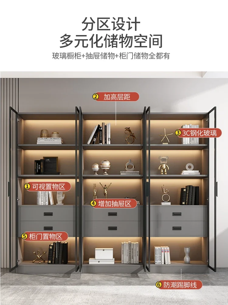 Bookcase with glass door display cabinet, high-end light luxury customized household living room integrated, the whole wall is f
