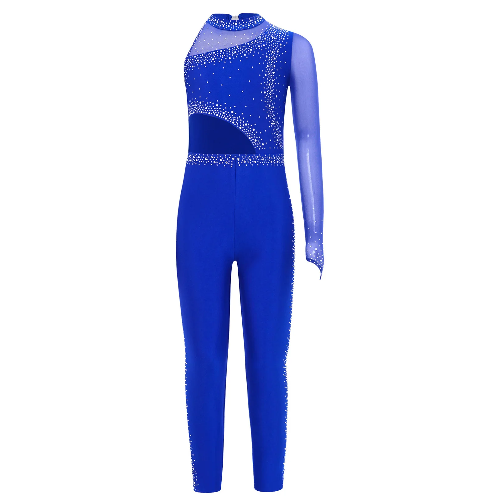 Kid Girls Gymnastics Figure Skating Jumpsuit Shiny Rhinestones Sheer Mesh Ballet Dance Leotard Acrobatics Yoga Workout Dancewear