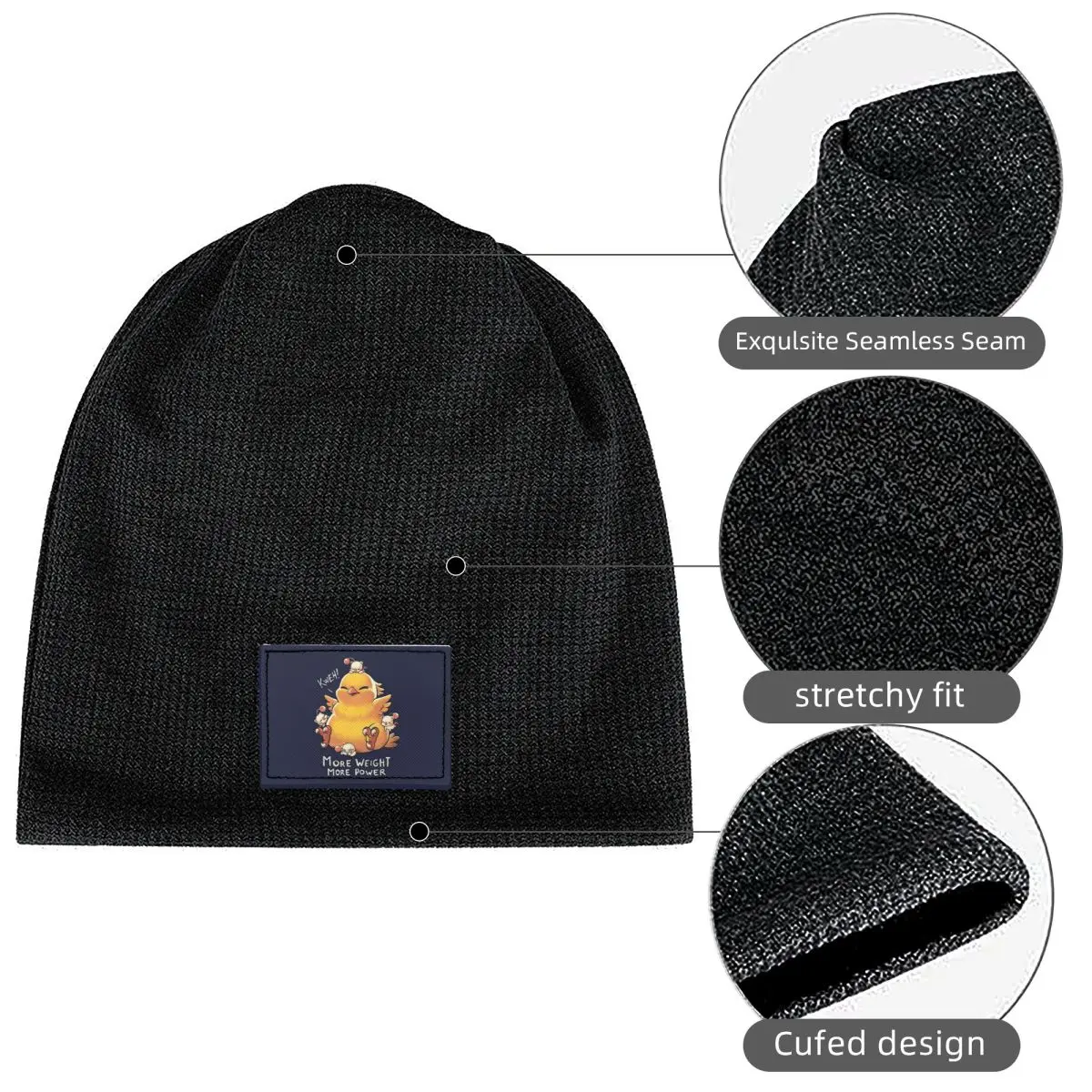Funny Fat Chocobo - Big Power Waffle Knit Fleece Lined Beanie with PU Leather Patch Unisex Warm Winter Soft Cap