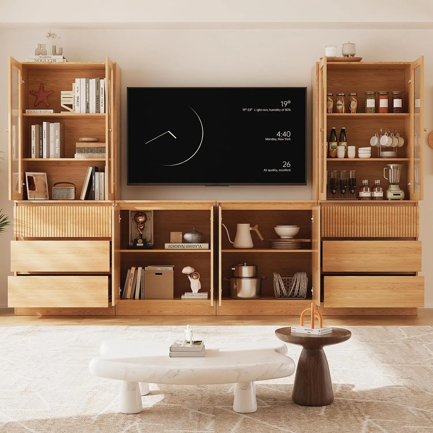 Large TV Stand Bookshelves 75" TV, Glass Doors Shelves Entertainment Center 2 Cabinets Living Room, Customized - view 4