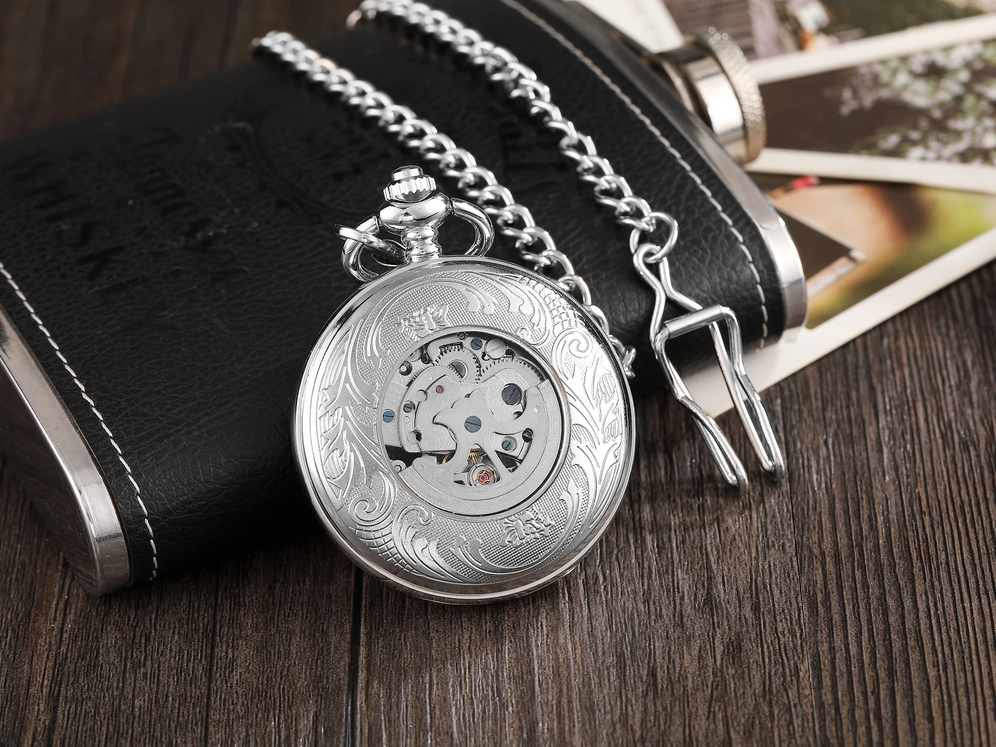 Silver Hand Winding Full Steel Pocket Watches Fashion Unique Skeleton Transparent Mechanical Pocket Watch Fob Chain Reloj Hombre