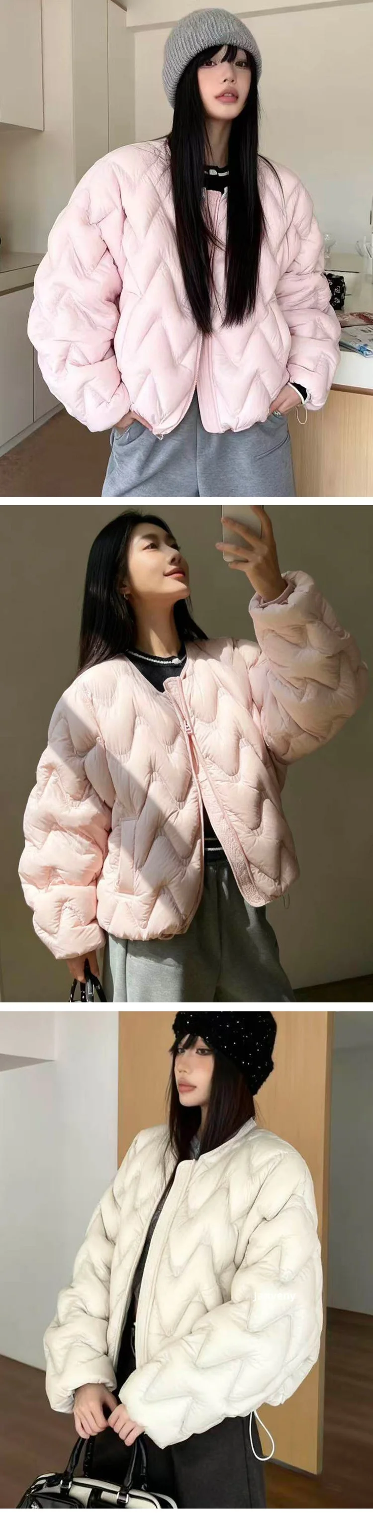 Janveny 2026 New Autumn Winter Lightweight Wave Quilted Puffer Jacket Women Loose Round Neck Short White Duck Down Coat Outwear