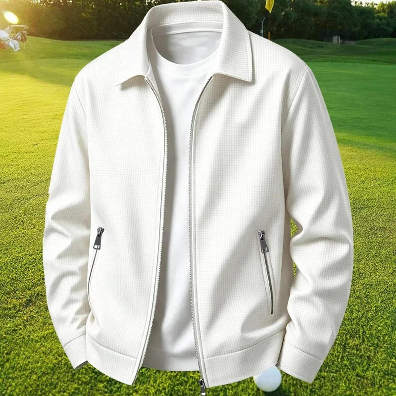 Men's Fashion Waffle Lapel Zip Up Jacket with Logo Spring Autumn Premium Casual Cardigan Coat Versatile Daily Outerwear 4 Colors