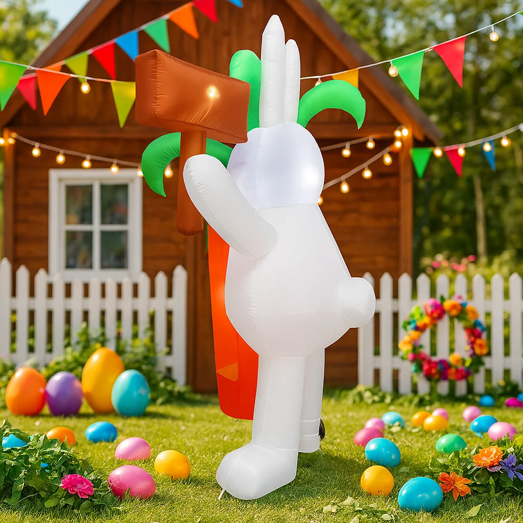 6FT Happy Easter Inflatable Rabbit with Carrot Road Signs Decor Glowing LED Lighted Airblown Yard Ornament  Holiday Decorations