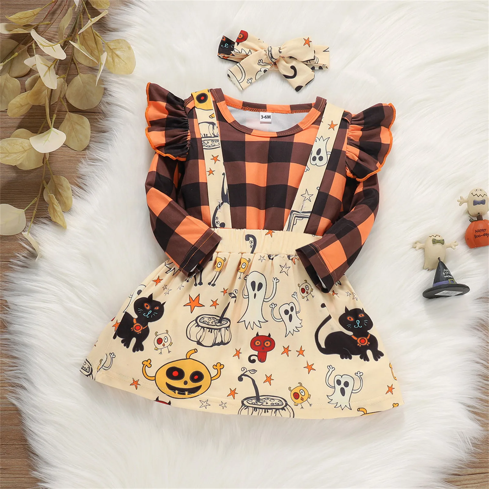 PatPat 3pcs Halloween Costumes Style Plaid Print Ruffle Decor Long-sleeve Orange Baby Halloween Clothes Set