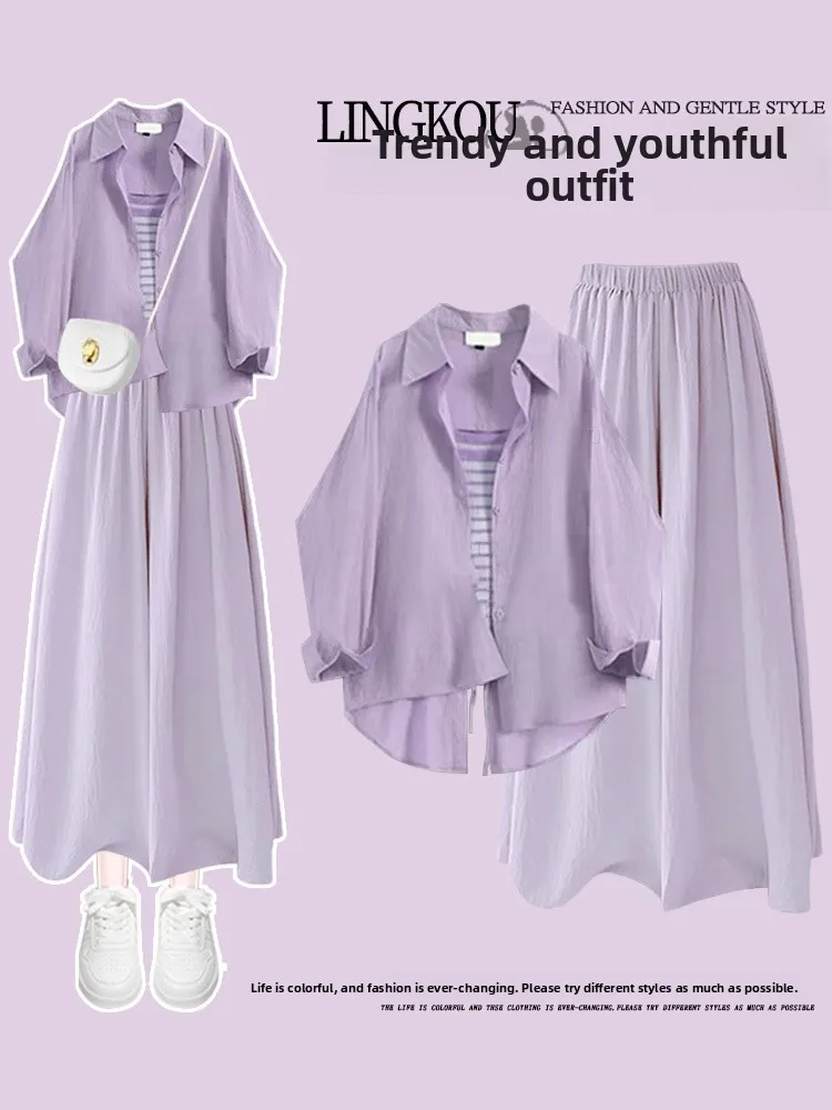 

Spring Summer Women's Shirt Jacket Set with Purple Strap Loose Pants Ensemble Fashionable Three-Piece Suit Long Sleeve Button-Up