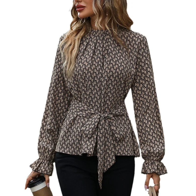 Jersey con estampado de leopardo para mujer, camisa única de manga larga con cuello redondo y cordones, a la moda, novedad de otoño, 2023