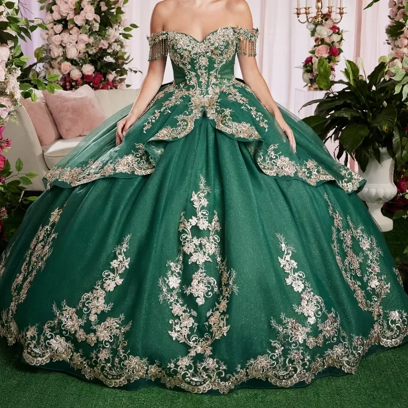 فاخر مسود الأخضر Vestidos De 15 Quinceañera الذهب الدانتيل زين تول قبالة الكتف الكرة ثوب مخصص فساتين حفلات