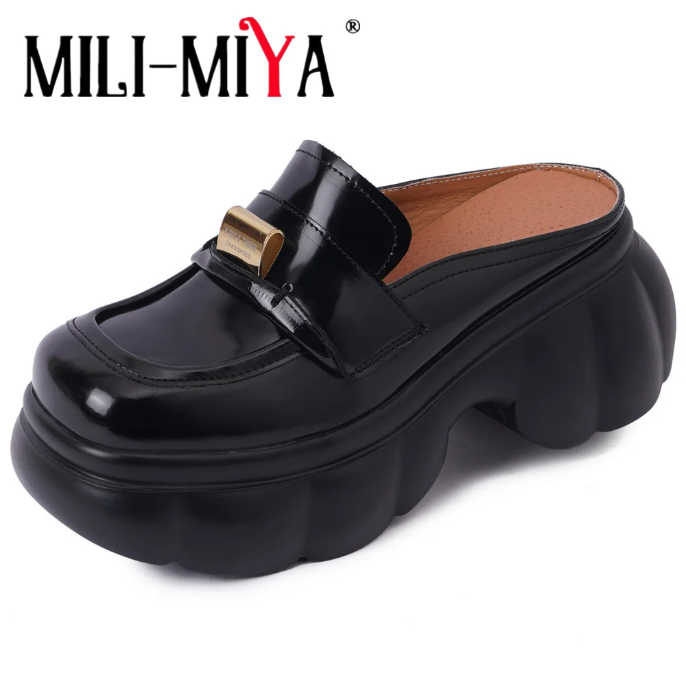 

MILI-MIYA Fashion Thick Heels Slingbacks Women Cow Leather Pumps Slip On Round Toe Platform Casual Style Handmade For Ladies