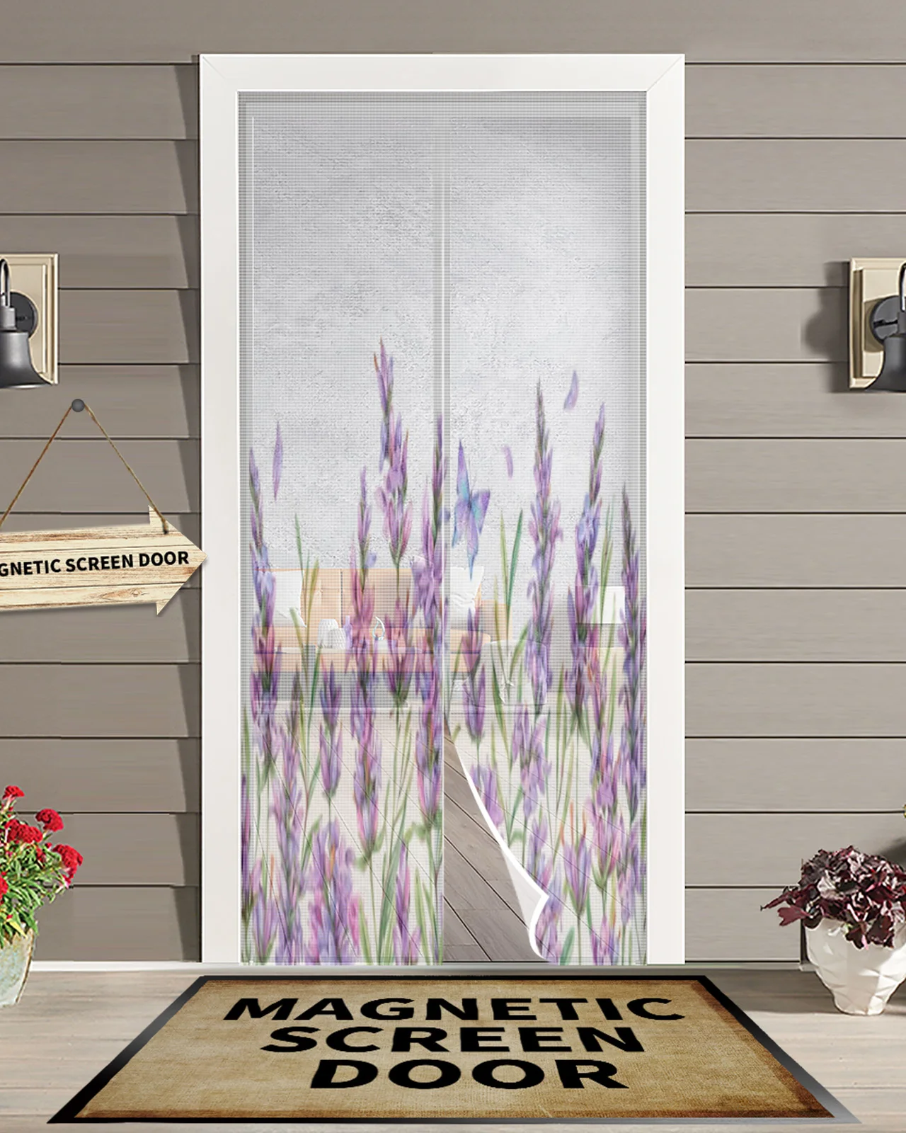 Watercolor Lavender Flowers Vintage Style Summer Magnetic Mosquito Net Anti Insect Fly Bug Magnetic Screen Door Curtains