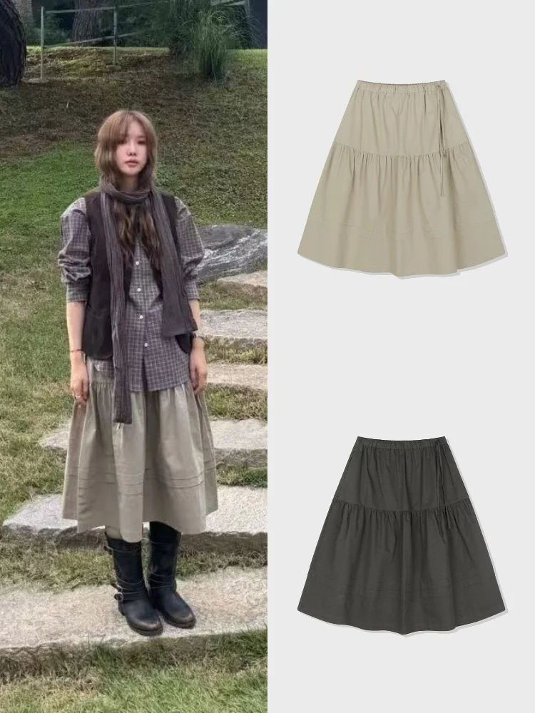 

High Waist Spliced Vintage Aosphere Loose All-Match Midi Skirt for Women Autumn Collection A-Line Skirt