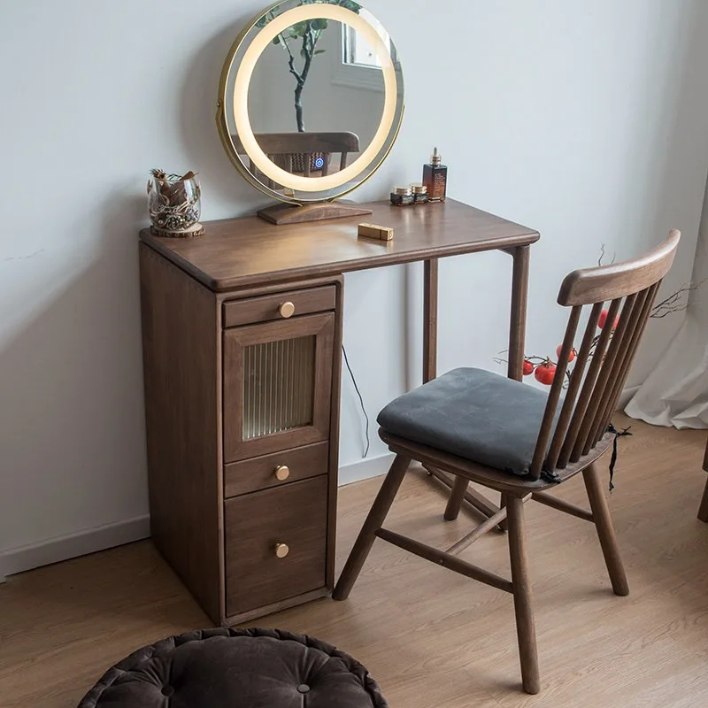 Nordic bedroom small vanity internet-famous solid woodstorage cabinet, integrated walnut color van