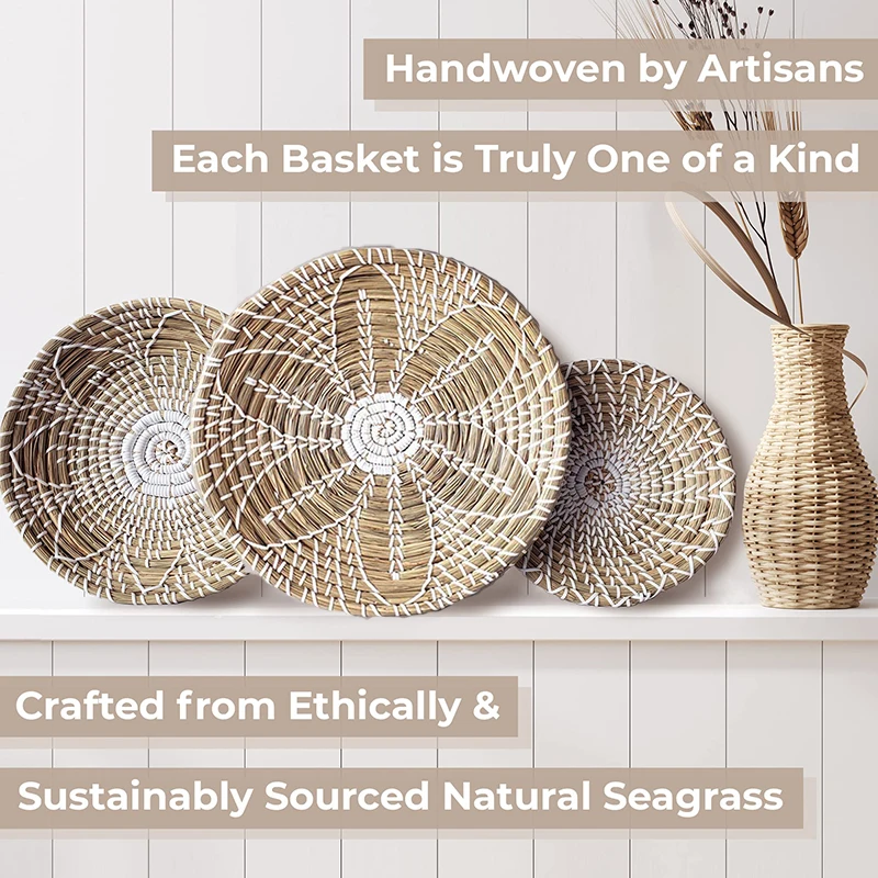 3Pcs/Set Boho Wall Baskets Decor 100% Natural Seagrass Woven Wall Decoration Nordic Living Room/Bedroom Art Decor Crafts