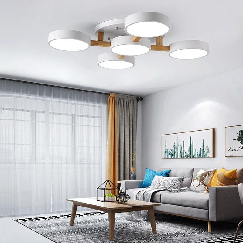 Nordic Living Room Ceiling Light Bedroom Dining Hall Chandelier Study Villa Iron Lighting Lamp LED Three-Color Lights Adjustable