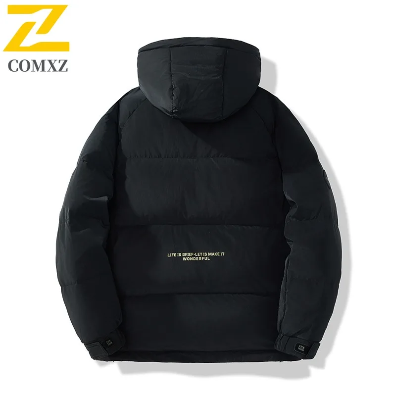 COMXZ Men Down Jacket High Quality Hooded Outdoor Adventure Multi Function Warm Parka Solid Color Travel Lightweight Winter Coat