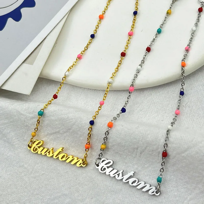 

Necklace for women Custom Name necklace Stainless Steel Jewelry Personalized Colorful Bead cross chain Nameplate Pendant Choker