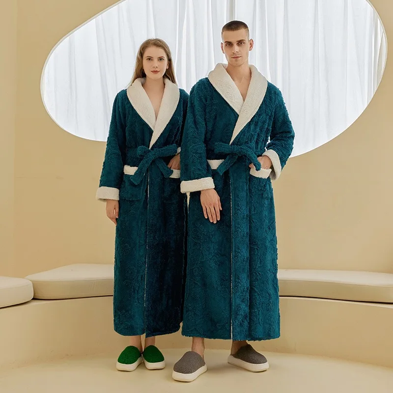 Men Luxury Jacquard Winter Robes Long Belt Pockets Flannel Bathrobe Trendy Warm Design Nightwear Thick Intimate Sexy Sleepwear