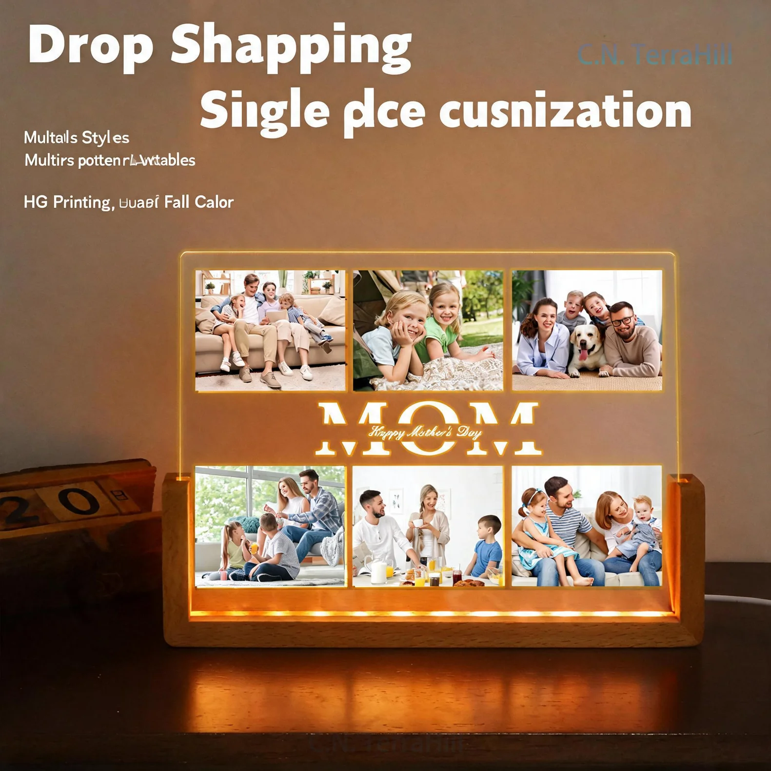 U-Shaped Acrylic Photo Frame Night Light Custom Name Picture Lamp for Mother's Day Father's Day Couple Memorial Gift