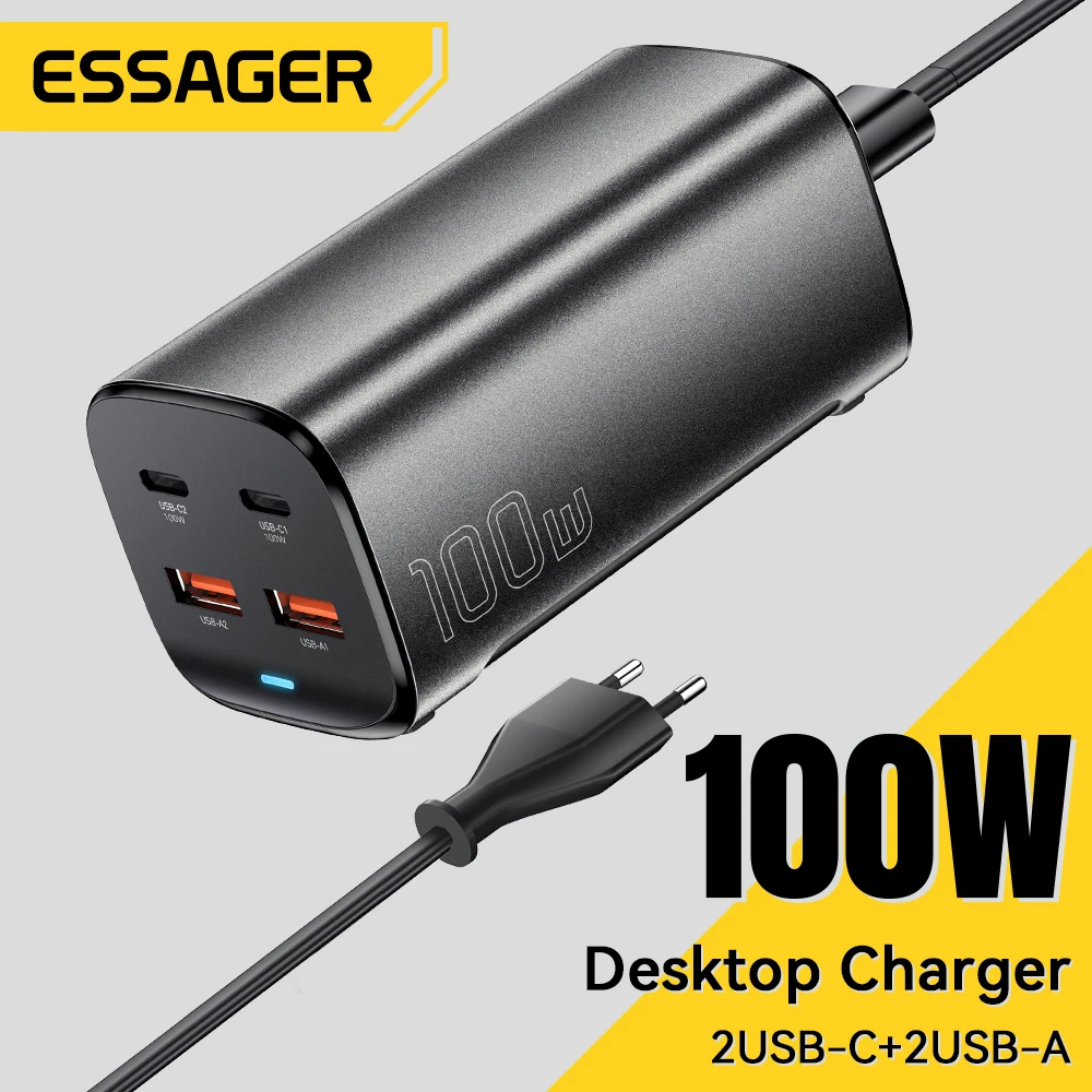 Essager 100 Вт USB C GaN Зарядное устройство для настольных ПК Быстрая зарядка QC 4.0 3.0 Type C Быстрая зарядка для ноутбука iPhone 15 MacBook Samsung POPC