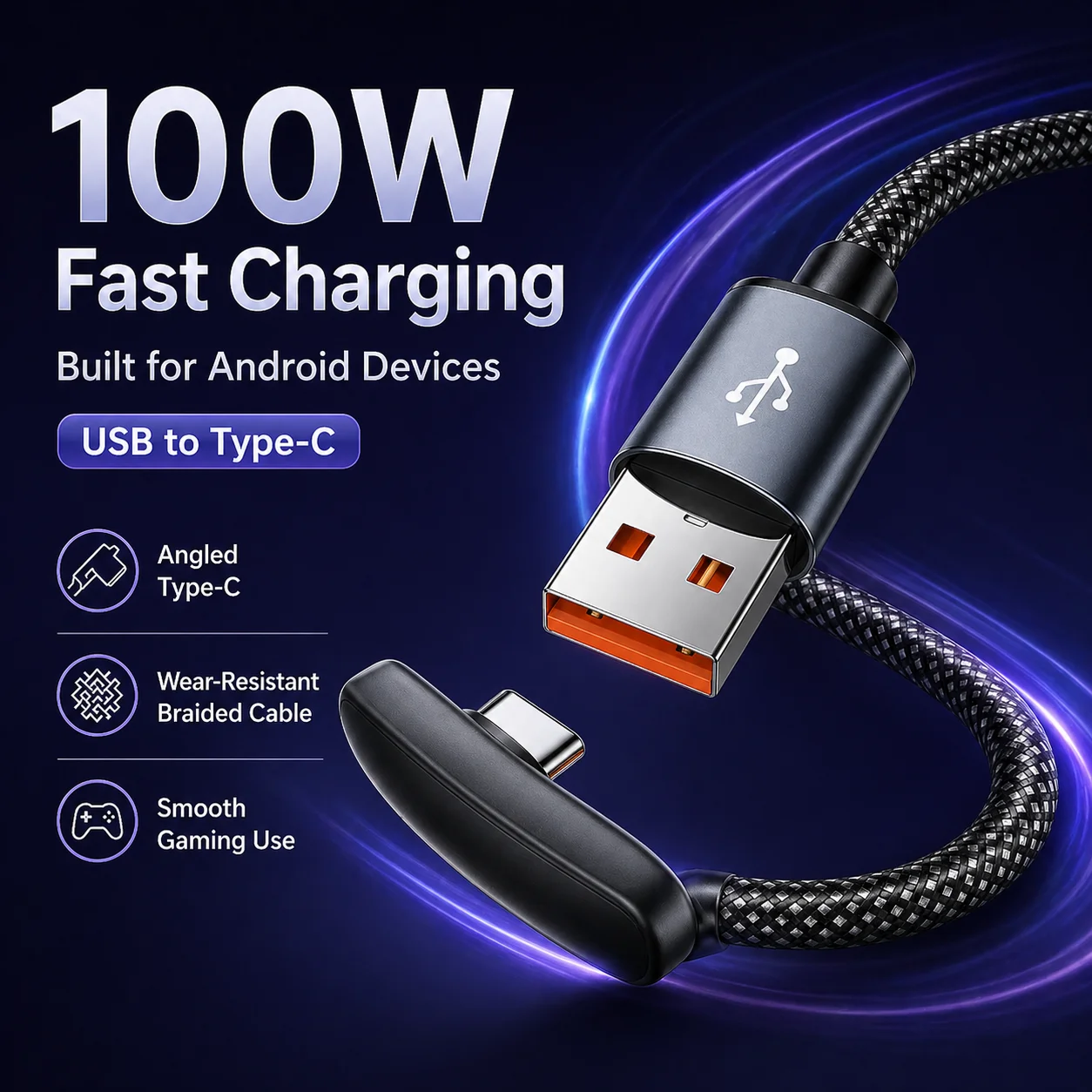100W 6A USB Type C Fast Charging Data Cable Elbow Braided Android Phone for Samsung S25 Huawei Xiaomi Data transfer Charge Cord