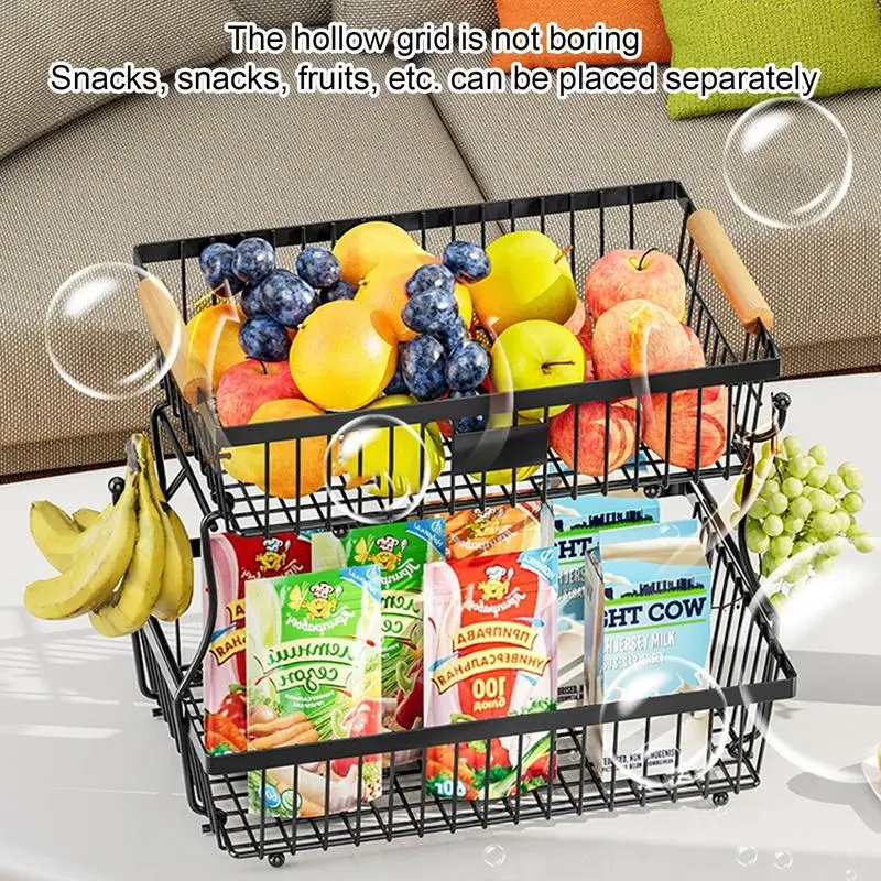 Double Layer Fruit Storage Basket Iron Detachable Fruit Vegetable Basket holder with 2 hooks Tableware Rack  Kitchen Accessories