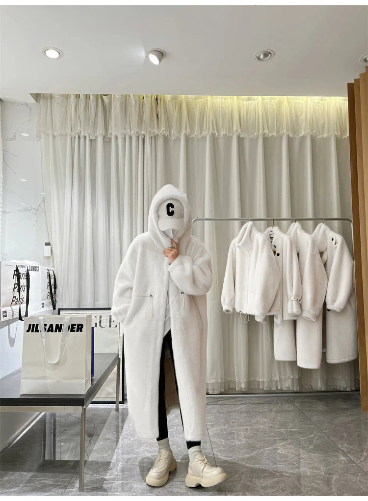 Lautaro Winter Long Oversized Warm Thick Blue White Fluffy Faux Fur Coat Women with Hood 2022 Loose Casual Korean Style Fashion