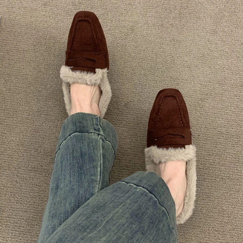 

Женские лоферы на меху, теплые ботинки на низком каблуке, модные модельные зимние ботинки, 2025 год, уютные короткие плюшевые ботинки Zapatos De Mujer