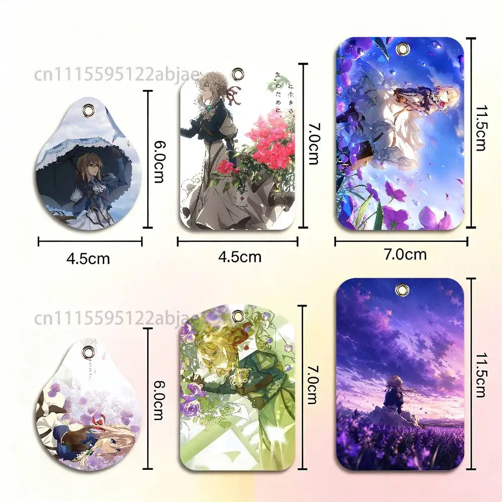 V-Violett e-evergarden Rectangle ID Card Case Keychain Access Card Bag Key Tag Ring Leather Card Holder Key Ring