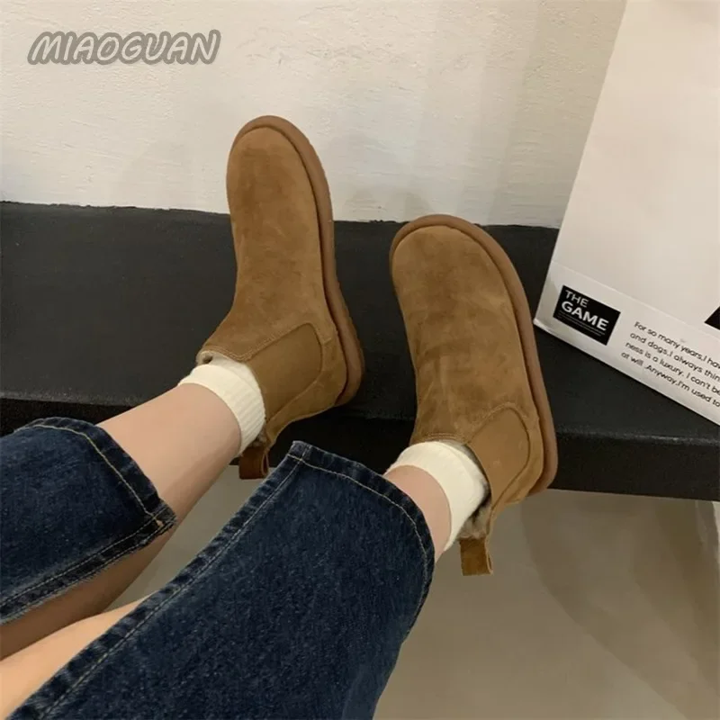 Autumn and Winter Women\'s Snow Boots New Flat Bottom Warm Cotton Ankle Boots Shoes Casual Plush Solid Short Botines for Women