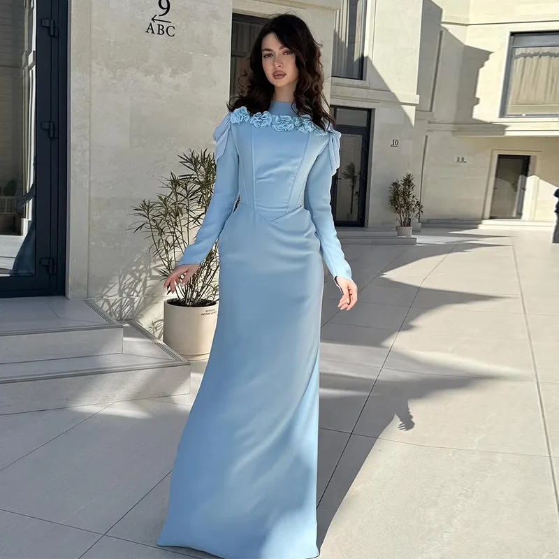 

It's Yiiya Customized Evening Dress Blue Jersey Modest O-neck Full Sleeves Mermaid Floor Length Zipper Back Plus size Woman Gown