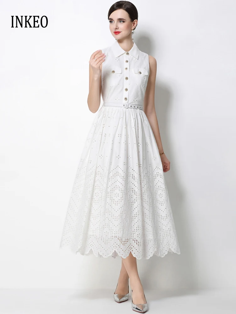 

Elegant Lace Sleeveless Midi dress for women 2026 Summer White Luxury Hollow out Embroidery dresses with belt Party INKEO 6D066