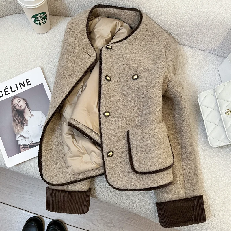 Khaki Down Lining Small Fragrance Short Coat Women Female Winter Vintage Round Neck Splicing Corduroy French Lady Warm Coat
