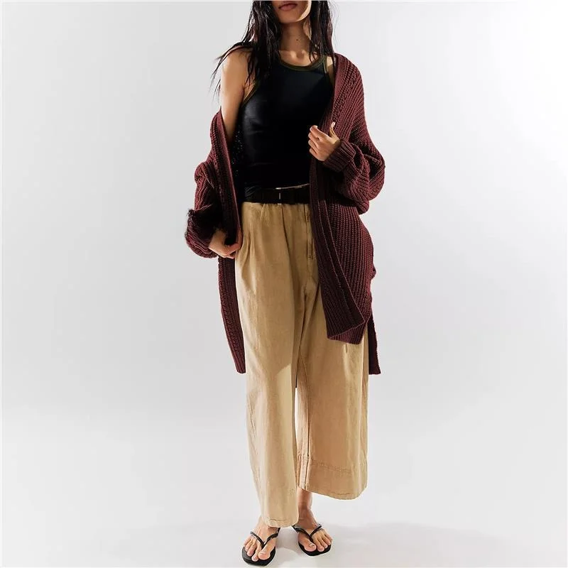 معطف سترة محبوكة فضفاضة مع كيتات للنساء لخريف وشتاء ثي طويل Sve لون نقي فانوس Sve مادة البولي يوريثان