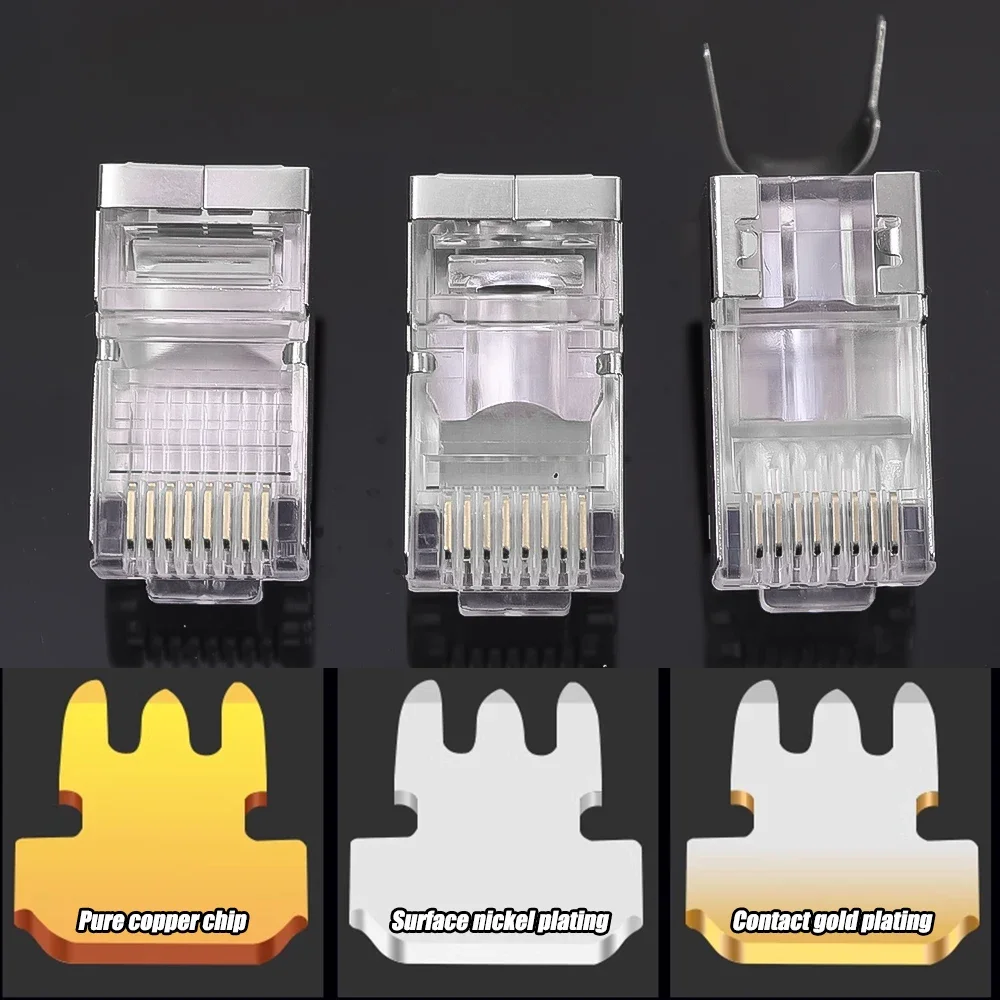 RJ45 Cat7 Cat6 Cat5 Pass Through Connectors Network Cable Modular Plug 8P8C Gold-Plated Connector End for FTP/STP Solid Wire