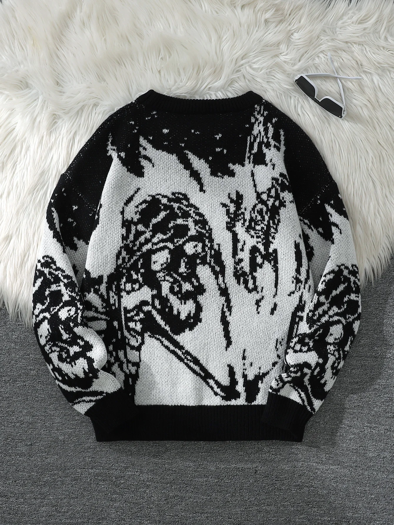 Autumn and Winter Abstract Hellish Skull Growling Jacquard Double-Sided Pattern Pullover Sweater Casual Crew Neck Knit Men's Pullover Sweater Suitable for Everyday Wear Unisex Outerwear