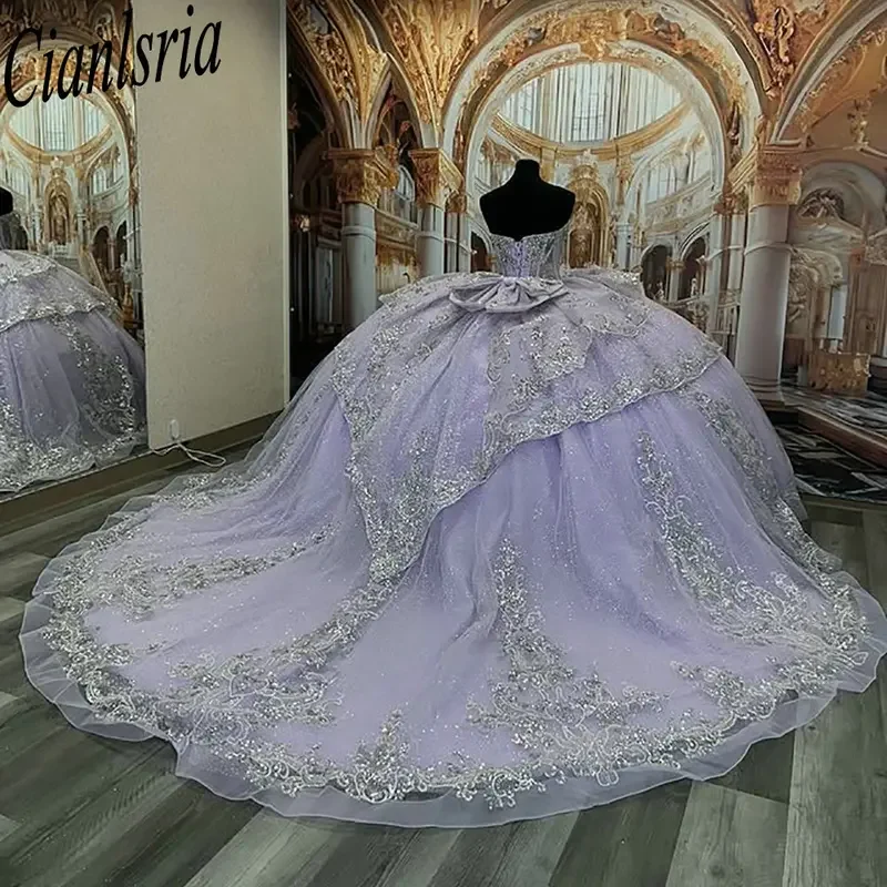 أرجواني الديكور كريستال الكشكشة فساتين Quinceanera الكرة ثوب الحبيب يزين مقوس دانتيل الحلو 15 Años المكسيكي مخصص