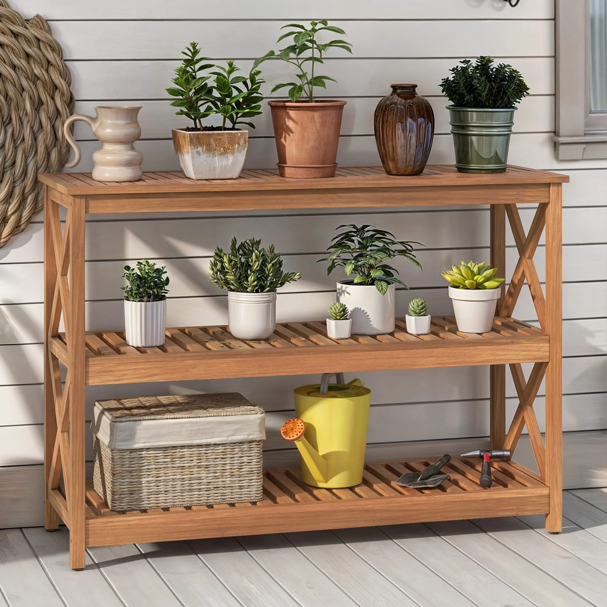 3-Tier Wood Console Table with Storage Shelves, Side Table for Outdoor & Indoor, Natural