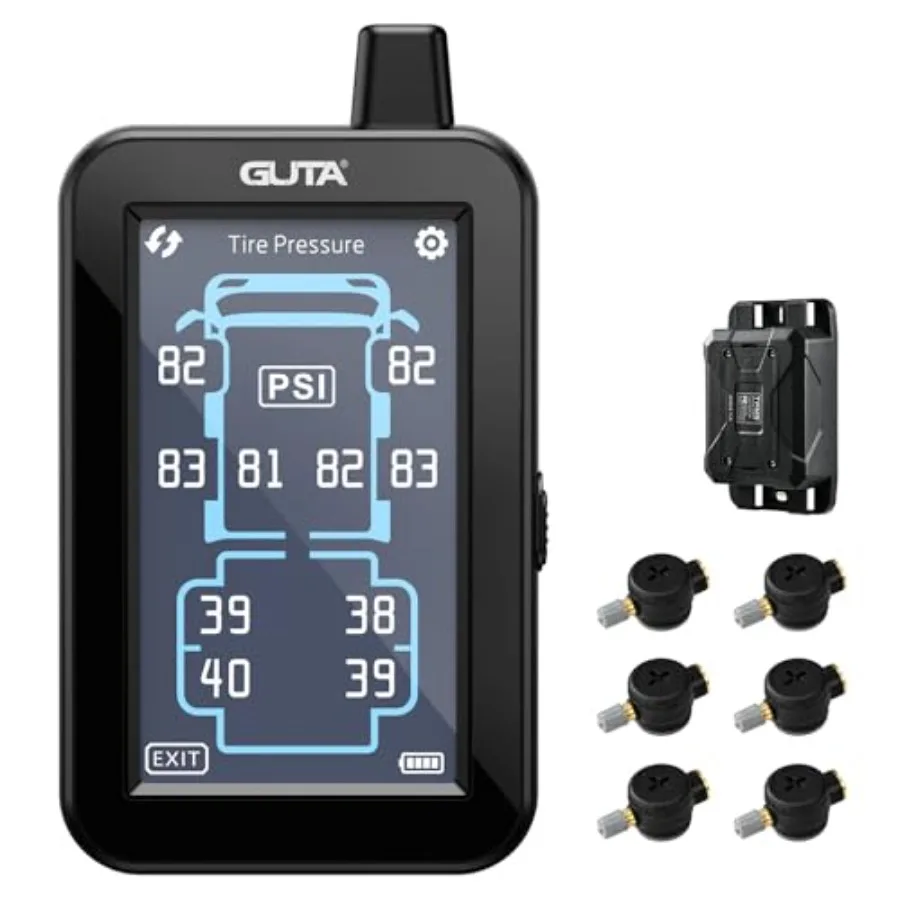 

Tire Pressure Monitoring System Trailer TPMS with Color Touchscreen Display and 6 Flow Thru Sensor 6 Alert Modes Signal Booster