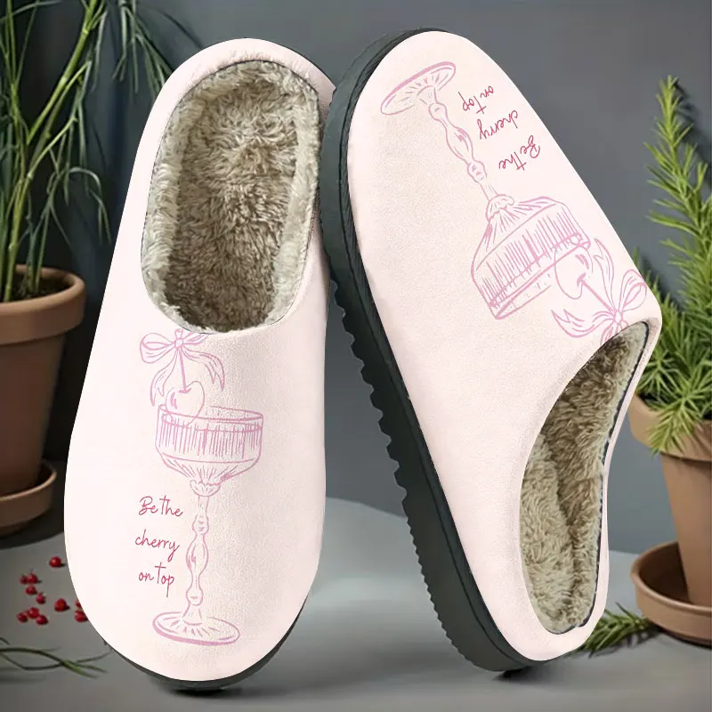 Cocktail Glass Pink Print Women's Winter Warm Plush Slippers Fuzzy Fleece House Slippers Indoor Shoes view 5