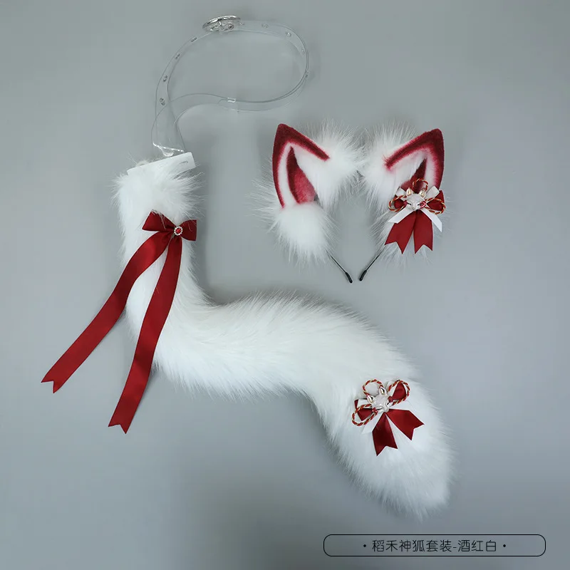 New Red White Lolita Fox Cat Ears and Tail Cosplay Accessories Handmade Plush Wolf Ears Headwear Anime Cosplay Kawaii Headband